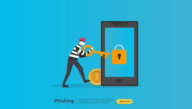 internet security concept with tiny people character. password phishing attack. stealing personal data. web landing page, banner, presentation, social, and print media template. Vector illustration