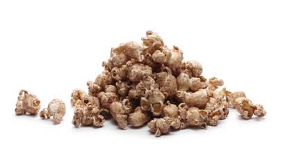 Chocolate flavored popcorn isolated on white background
