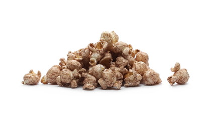 Chocolate flavored popcorn isolated on white background