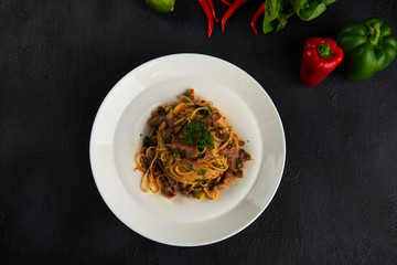 spaghetti with iberico pork flat lay view