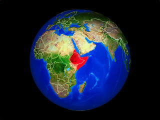 Horn of Africa on planet planet Earth with country borders. Extremely detailed planet surface.