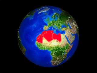 Maghreb region on planet planet Earth with country borders. Extremely detailed planet surface.