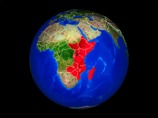 East Africa on planet planet Earth with country borders. Extremely detailed planet surface.