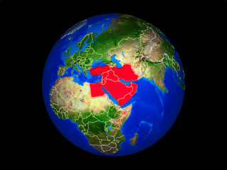 Middle East on planet planet Earth with country borders. Extremely detailed planet surface.