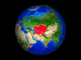 Central Asia on planet planet Earth with country borders. Extremely detailed planet surface.