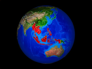 South East Asia on planet planet Earth with country borders. Extremely detailed planet surface.