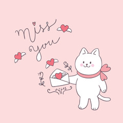 Cartoon cute Valentines day cat and love vector.