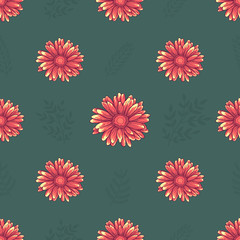 Seamless pattern with orange daisy flowers on green background