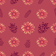 Seamless decorative floral pattern with pink and orange daisy flowers and violet leaves 