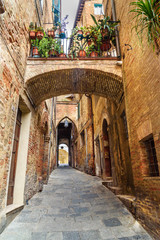 Fototapeta na wymiar Medieval narrow street Vicolo Delle Scotte in Siena, Tuscany, Italy.