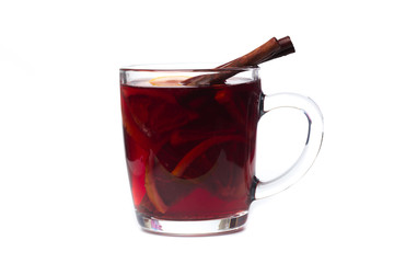 mulled wine with spices isolated on white background. Winter alcoholic cocktail. Christmas drink.