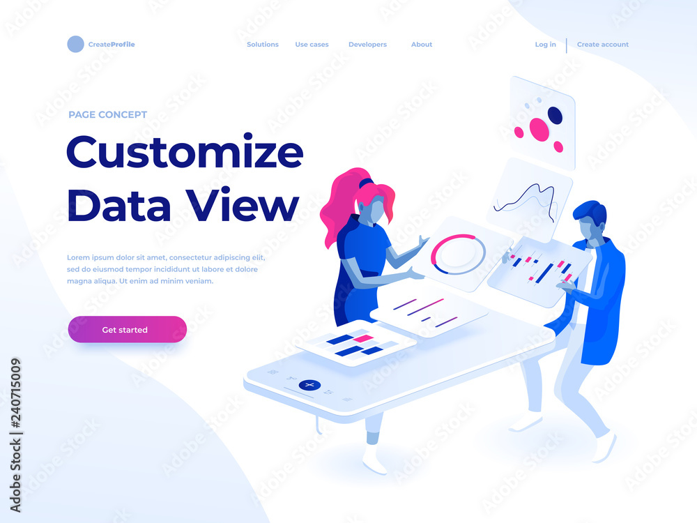 Fototapete People build a dashboard and interact with graphs. Data analysis, and office situations. Landing page template. Isometric vector illustration