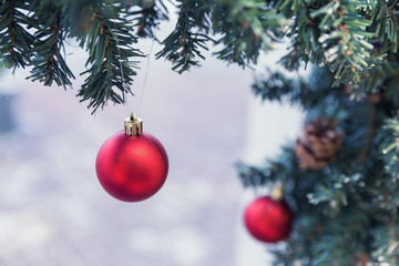 Fototapeta na wymiar Christmas background with xmas tree and christmas decorations. Winter holiday theme. Happy New Year