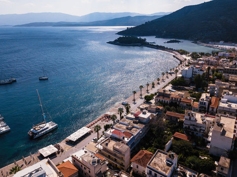 Flying over Methana sailing yaht marina in Aegean sea, Greece.
