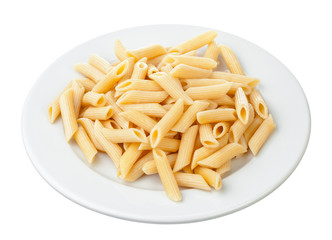 Penne rigate in porcelain bowl isolated on white background