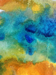 Watercolor abstract bright colorful textural background handmade . Painting of sky and clouds during sunset . Modern cosmic pattern . Shine