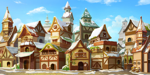 Small Fairy Tale Town in the Winter with Snow. Fiction Backdrop. Concept Art. Realistic Illustration. Video Game Digital CG Artwork. Industry Scenery.   © info@nextmars.com
