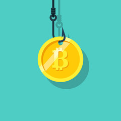 Coin bitcoin on hook. Crypto currency. Dollar bait. Fishing hook. Money trap concept. Digital money. Vector illustration flat design. Blockchain cryptocurrency.