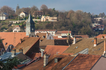 Roofs of the Montbeliard town in Doubs department in the Bourgogne Franche Comté region in eastern...