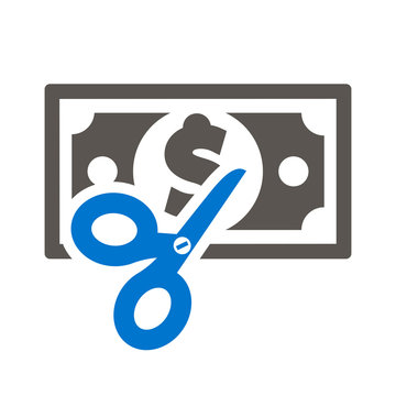 Scissors cut dollar bill icon vector. Discount Logo. Sell sale shopping symbol. Cost reduction illustration.