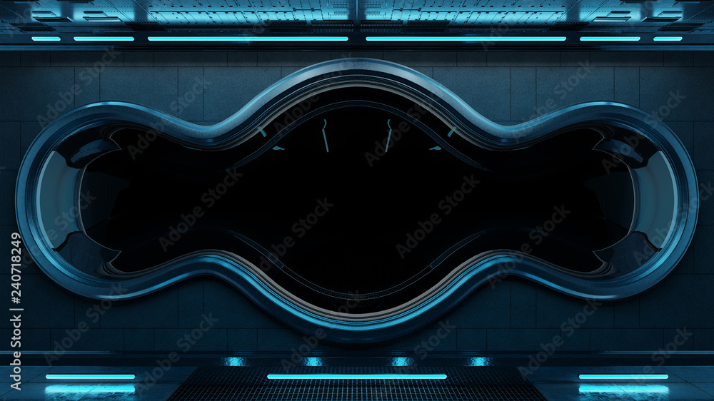 Poster black tech spaceship round window interior background 3d rendering