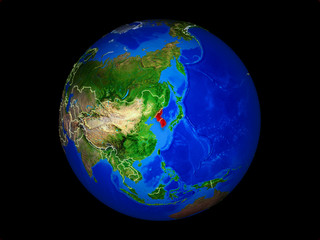 Korea on planet planet Earth with country borders. Extremely detailed planet surface.