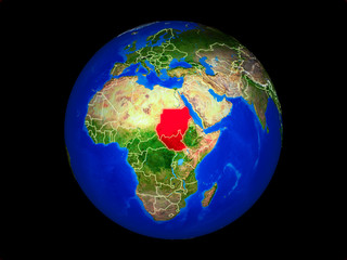 Former Sudan on planet planet Earth with country borders. Extremely detailed planet surface.
