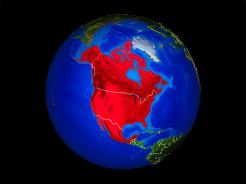 NAFTA memeber states on planet planet Earth with country borders. Extremely detailed planet surface.