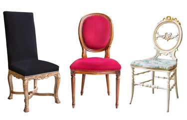 Three gorgeous vintage chairs isolated on white background. Chairs with black, red and white...