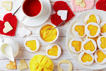 overhead view of Heart shaped linzer cookies