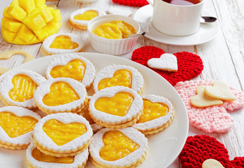 close-up of sweet Heart shaped linzer cookies