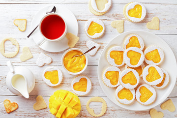 austrian Heart shaped linzer cookies, flat lay