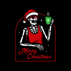 MERRY CHRISTMAS SKELETON IN SANTA HAT DRINKS MULLED WINE BADGE PATCH BLACK BACKGROUND