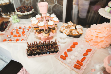 Delicious and tasty dessert table with cupcakes shots at reception closeup