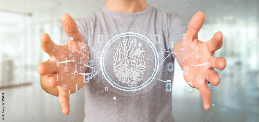 Poster businessman holding a digital fingerprint identification and binary code 3d rendering