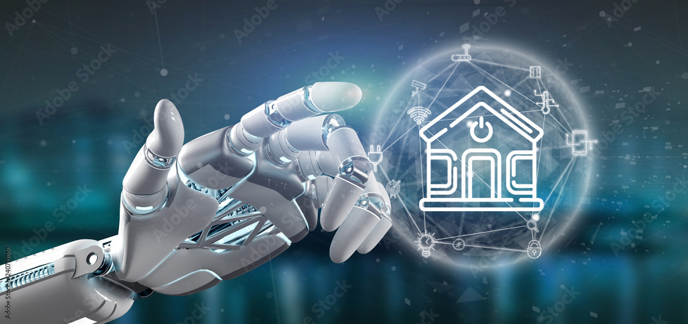 Poster cyborg holding smart home interface with icon, stats and data 3d rendering