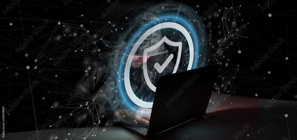 Poster hacker man holding a padlock web security concept 3d rendering