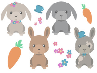 Collection of cute cartoon style brown and gray easter bunny with carrots and spring flowers vector drawing illustrations
