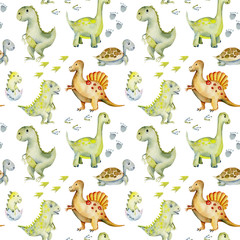Watercolor cute dinosaurs, turtles and baby dino seamless pattern