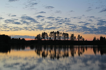 Naklejka premium Silhouettes of trees and colorful sky are reflected in the forest lake in the evening. Unusual and picturesque scene. Russia.