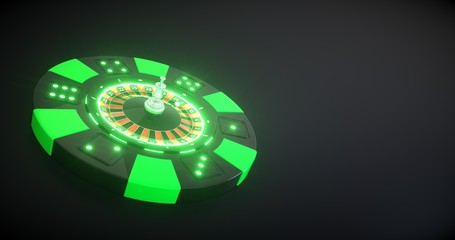 3D Rendering Of Casino Chip With Roulette Wheel Inside With Neon Lights - Isolated On The Black Background