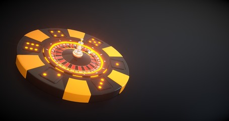 Obraz premium 3D Rendering Of Casino Chip With Roulette Wheel Inside With Neon Lights - Isolated On The Black Background
