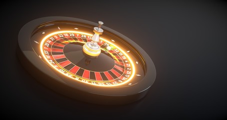 3D rendering of Roulette Wheel With Futuristic Neon Lights, Isolated on Black Background