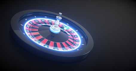 3D rendering of Roulette Wheel With Futuristic Neon Lights, Isolated on Black Background