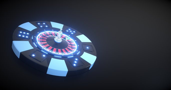 3D Rendering Of Casino Chip With Roulette Wheel Inside With Neon Lights - Isolated On The Black Background