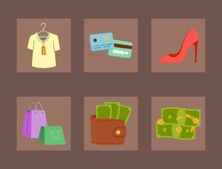 Shopping supermarket vector store shop grocery retro cartoon icons set with customers carts baskets food and commerce products illustration