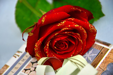 Rote Rose mit Glitter auf Geschenkpäckchen