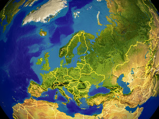 Europe from space on Earth with country borders. Very fine detail of the plastic planet surface and blue oceans.