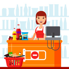 Woman cashier in supermarket with snack products. Seller at the counter with food basket, fast food snacks, drinks, nuts, chips, cracker, juice, sandwich in the store - flat vector illustration