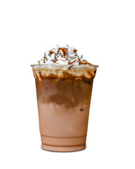 Iced latte coffee based chocolate drink with whipped cream isolated on white background